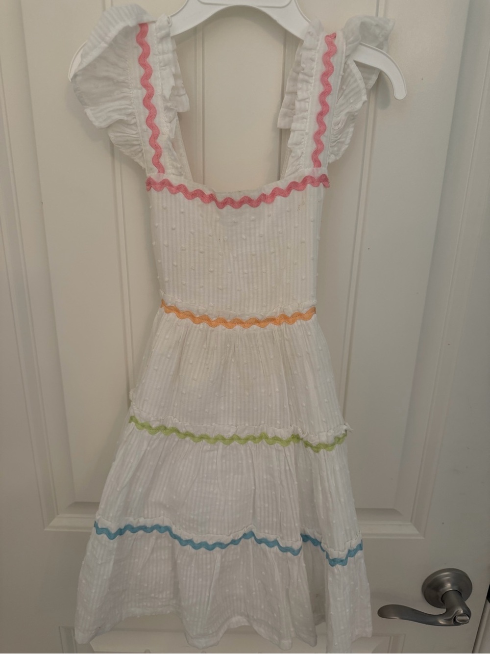 C&C California bohemian White Dress with Pink, Orange, Green & Blue Rickrack
